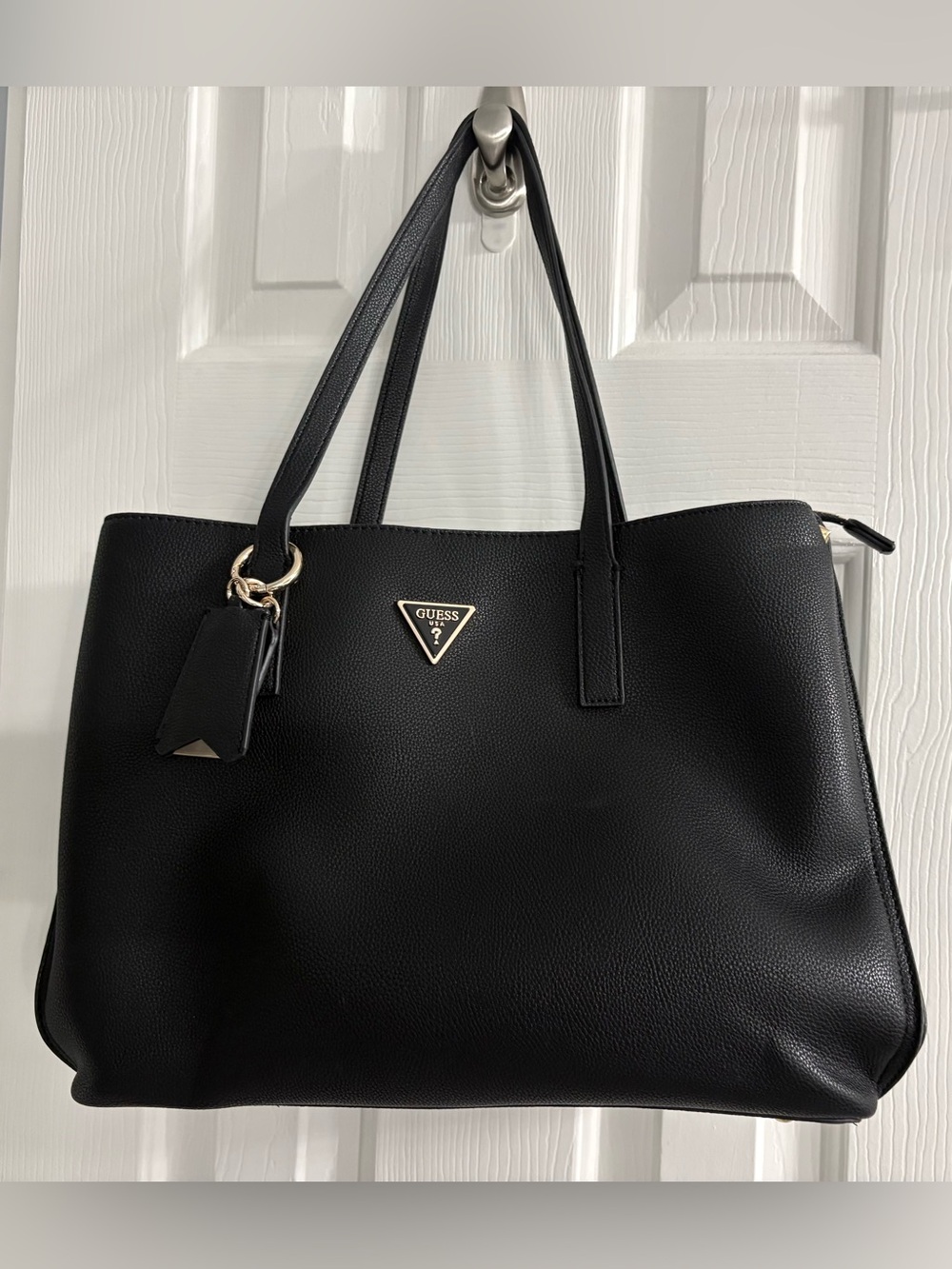 GUESS Black Pebbled Tote with Gold Logo Accent